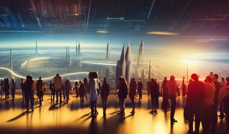 Image similar to crowd of people in large open museum, looking at hologram of futuristic city on a table, cinematic concept art, godrays, golden hour, natural sunlight, 4 k, clear details, tabletop model buildings, center model buildings, hologram center, crane shot, interior panorama