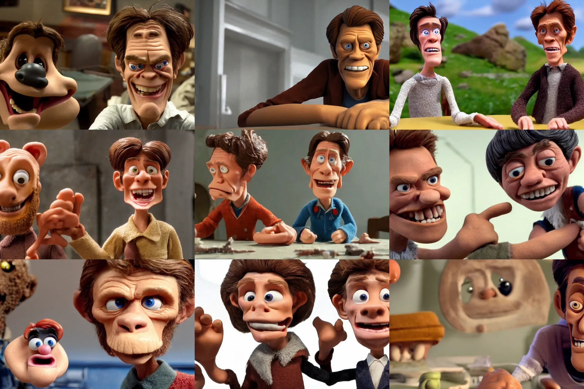 Prompt: a still of willem dafoe in an aardman movie. claymation. amazing likeness. very detailed. cartoon caricature.