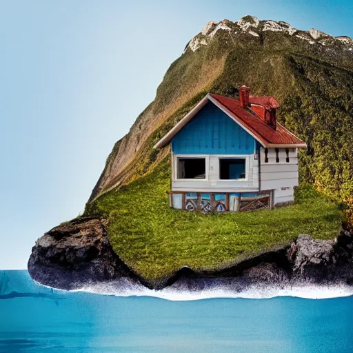 Prompt: a mountain and the sea, a little house in the middle of the sea