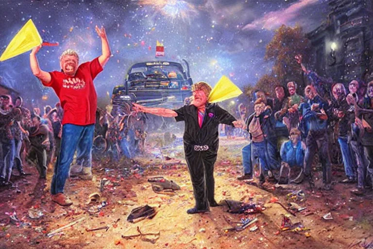 Image similar to portrait of rip taylor throwing confetti at a crime scene chalk outline, an oil painting by ross tran and thomas kincade