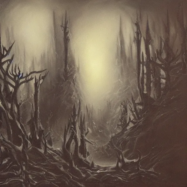 Prompt: black temple with spikes in a dark forest, oil painting