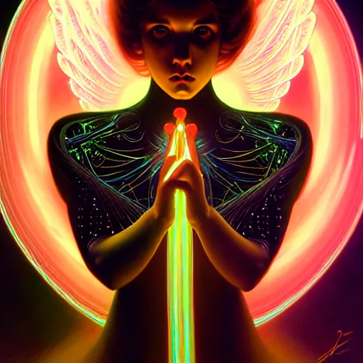 Prompt: tron angel, innocent illuminated face, psychedelic lsd, diffuse lighting, hyper realistic, elegant, intricate, hyper detailed, smooth, sharp focus, concept art, illustration, trending on artstation, art by john collier, artem demura, greg rutkowski, james gurney, and alphonse mucha