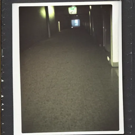 Image similar to polaroid of a terrifying thing in a school hallway at night