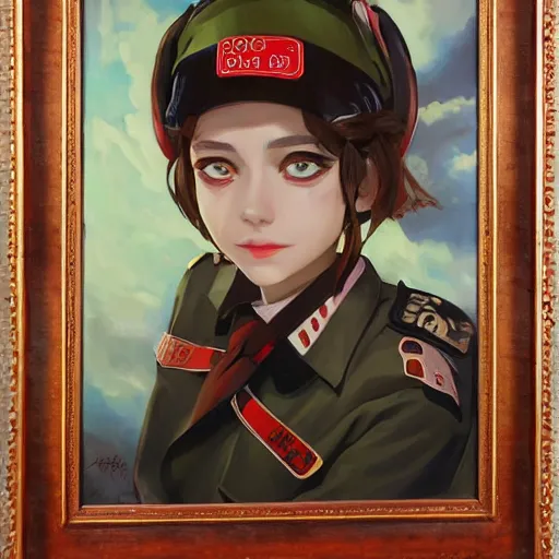 Prompt: oil paining of twentytwo year old female character with ( ( ( cat ears ) ) ) wearing soviet era uniform, wearing a tshirt with a face of karl marx on it, in the style of krenz cushart