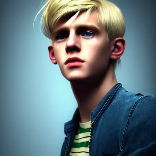 Image similar to A videogame portrait of a blond young Irish man. Dressed in 1980s style. Highly detailed, fine Art, high detail, great lighting, 8k resolution, masterpiece, concept art, illustration, clear eyes, painting oil on canvas, octane render, HDR, trending on artstation, 4k, 8k, HD