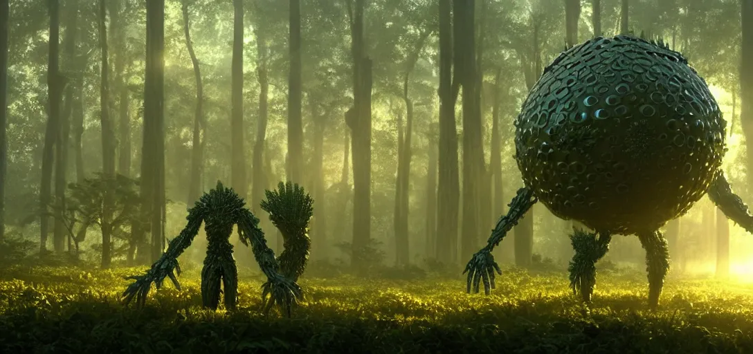 Image similar to a complex organic fractal 3 d metallic symbiotic ceramic humanoid megastructure creature in a swampy lush forest, foggy, sun rays, cinematic shot, photo still from movie by denis villeneuve, wayne barlowe