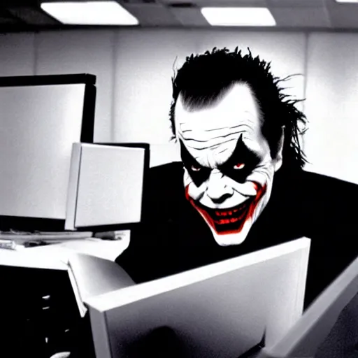 Image similar to jack nicholson as joker working in a cubicle at a computer in 1 9 8 9, fleshtone facepaint coming off, movie still, dslr