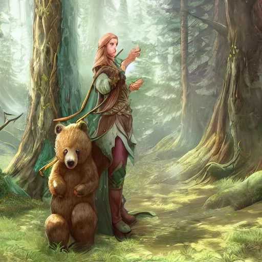 Image similar to elven druid summoning bears in the forest, d & d inspired, trending on artstation, ultra fine detailed, hyper detailed, hd, concept art, digital painting