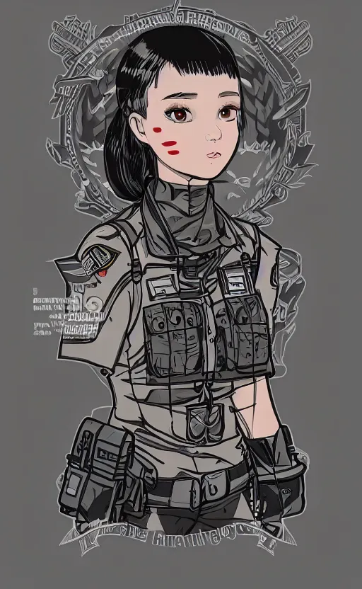 Image similar to patch design, girl, by kuvshinov ilya, concept art, trading card front, insignia, soldier clothing, military gear, vector line art