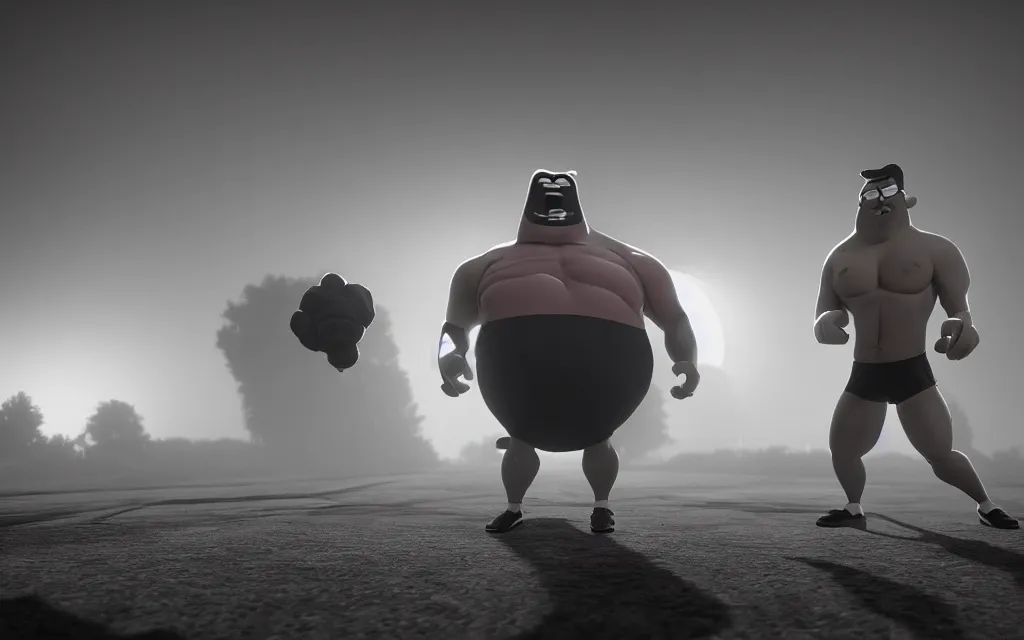 Image similar to muscle man from regular show, atmospheric, mist, epic, photorealistic, realistic, rule of thirds, extremely detailed, 4 k, 8 k, unreal engine 5 render, rim lighting, rtx, ray traced lighting, shot on 3 5 mm, film grain