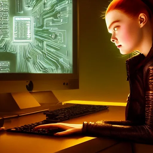Image similar to a striking hyper real painting of Cyberpunk Elle Fanning hacking a computer, green lighting, by da Vinci