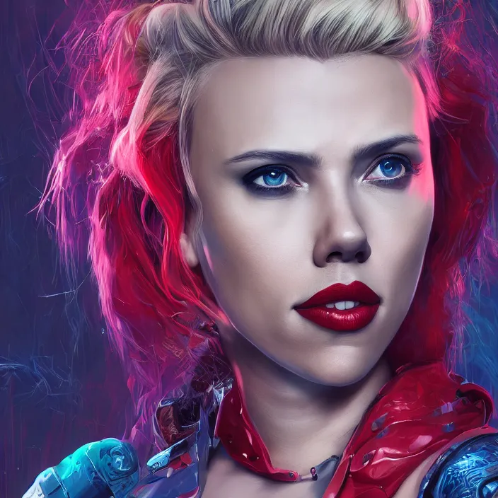 Image similar to portrait of scarlett johansson as a harley quinn. intricate abstract. intricate artwork. by Tooth Wu, wlop, beeple, dan mumford. octane render, trending on artstation, greg rutkowski very coherent symmetrical artwork. cinematic, hyper realism, high detail, octane render, 8k, iridescent accents