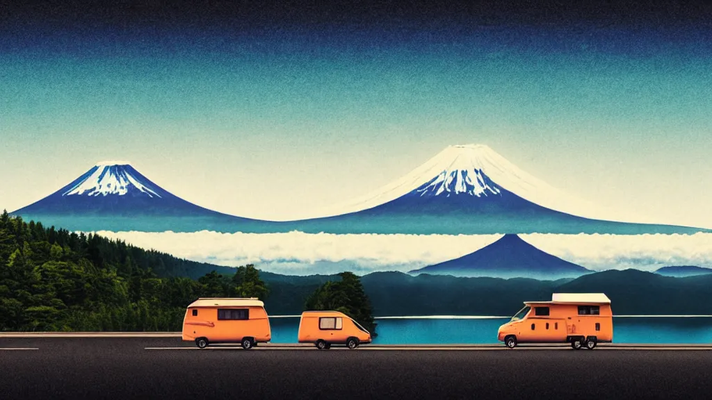 Image similar to a scene of two travellers and their camper touring overlook at the edge of yamanaka lake, reflecting mount fuji and a dramatic sky, japan, a collage painting, in the style of wes anderson, lola dupre, david hockney, isolated on negative white space background dark monochrome neon spraypaint accents volumetric octane render