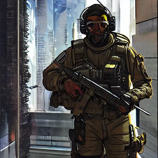 Image similar to Arthur. USN special forces futuristic recon operator, cyberpunk headset, on patrol in the Australian autonomous zone, deserted city skyline. 2087. Concept art by James Gurney and Alphonso Mucha