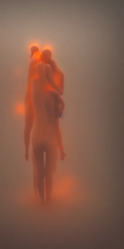 Image similar to a blurry closeup picture of gorgeous human bodies intertwined, female bodies, no face, dripping wet, macro photography, long exposure photograph, surrealism, anamorphic bokeh, cozy, soft light, cyan and orange, caustic, atmospheric fog, octane render, cinematic