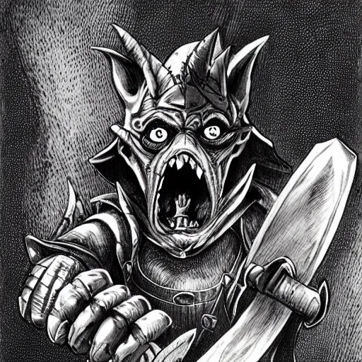Image similar to goblin holding a sword, leather armor, sharp teeth, angry eyes, fantasy, dnd character, pen drawing, ink and paper, black and white, book illustration