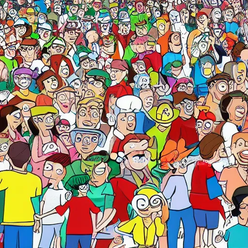 Image similar to waldo in a crowd hand drawn cartoon busy city scene with lots of people doing activities and not paying attention comic antics goofy