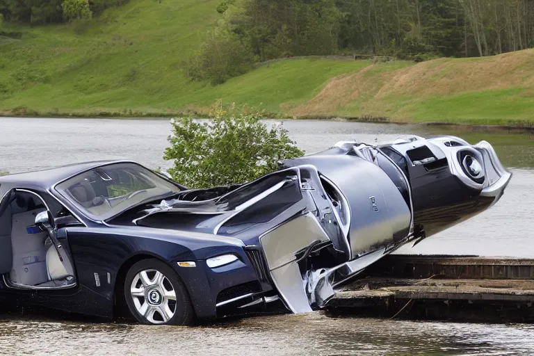 Image similar to Group of teenagers push Rolls-Royce into lake from small slide