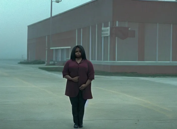 Image similar to cinematic screenshot wide shot of octavia spencer in a foggy abandoned sears parking lot, paranoia everywhere, screenshot from the tense thriller film ( 2 0 0 1 ) directed by spike jonze, volumetric hazy lighting, moody cinematography, 3 5 mm kodak color stock, 2 4 mm lens, ecktochrome