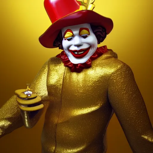 Image similar to a still of ronald mcdonald surrounded by gold and diamonds, award - winning, photograph, 3 d render, unreal engine, 4 k detailed