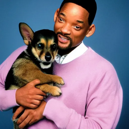 Image similar to Will Smith holding a puppy for a 1990s sitcom tv show, Studio Photograph, portrait C 12.0