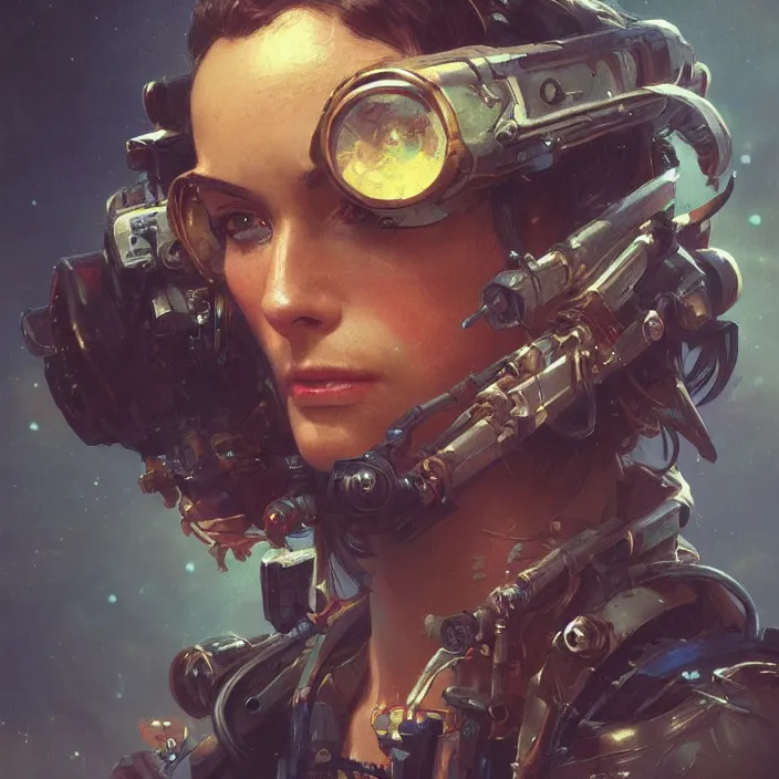 Image similar to a head and shoulders portrait of a space pirate, neon, retro, steampunk, smooth, sharp focus, intricate, artstation, detailed concept art by Greg Rutkowski and Alphonse Mucha and Norman Rockwell