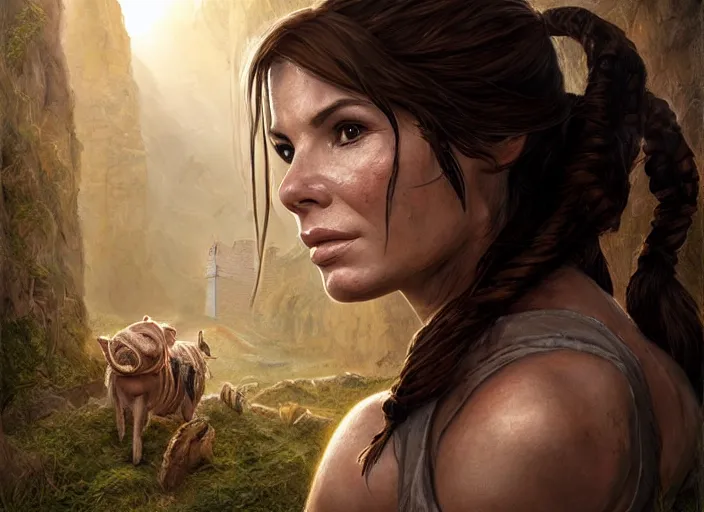 Image similar to face portrait of concentrated young Sandra Bullock as Lara Croft with pig-tails entering an incredible epic ruin, glorious sun beams, intricate, elegant, highly detailed, digital painting, short focus, illustration, Allan Lee, John Howe