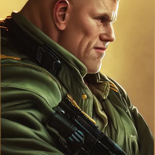 Image similar to kyle gas as guile from street fighter, ultra realistic, concept art, intricate details, eerie, highly detailed, photorealistic, octane render, 8 k, unreal engine. art by artgerm and greg rutkowski and magali villeneuve and alphonse mucha