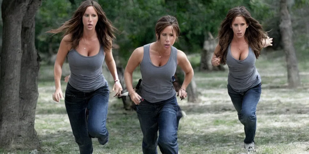 Prompt: Jennifer Love Hewitt running away from a serial killer, hyper detailed, cinematic, movie still