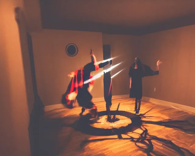 Prompt: transparent horror demon spirit attacks in living room with summoning circle pentacle out interior photos shot on iphone, dynamic pose, full body shot, sharp focus, grainy, corpse, paranormal flashlight, deep night,,