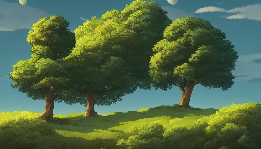 Prompt: a landscape of a single tree with bushes nearby, studio madhouse, castle in the sky, animated, anime, illustrated, vibrant, 2 0 0 mm telephoto, background on artstation