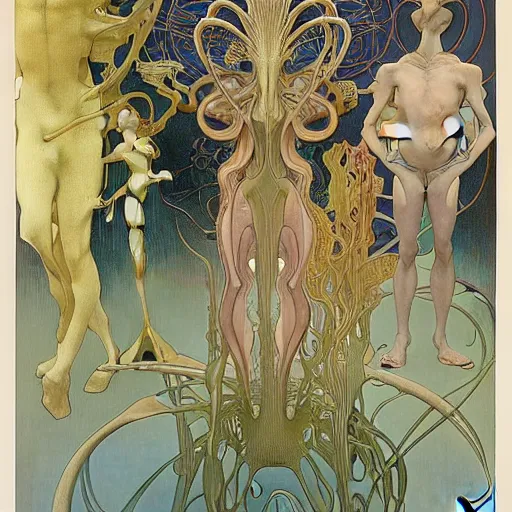 Image similar to an average man with his briefcase in his left hand by Jean Delville, Amano and Yves Tanguy and Alphonse Mucha and Ernst Haeckel and Edward Robert Hughes and Roger Dean, pale muted pastel moody colors, gold eyes