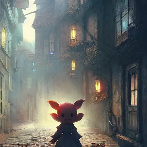 Image similar to A Moogle from Final Fantasy video game sneaking through the streets of a medieval village at night, glowing lights, oil painting, Greg Rutkowski, Charlie Bowater, Beeple, unreal 5, DAZ, hyperrealistic, octane render, RPG portrait, dynamic lighting, fantasy art, beautiful face