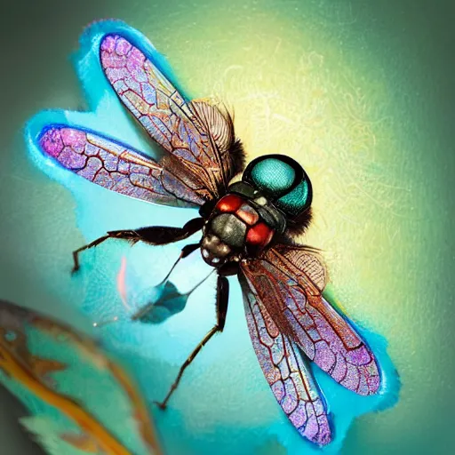 Prompt: high_quality_macro_beautifull_queen_warrior_metallic_tachinid_fly_gorgeous_highly_detailed_hannah_yata_elson_peter_cinematic_turquoise_lighting_-H_768_-C_15.0_-n_9_-i_-s_40