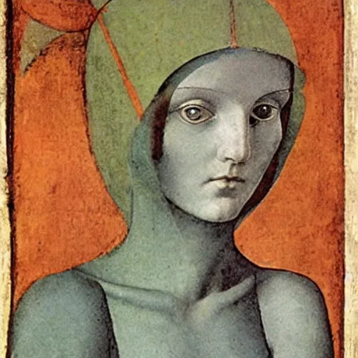 Image similar to half - length portrait of beautiful witch circe in the odyssey, art by piero della francesca, giotto, leonardo da vinci