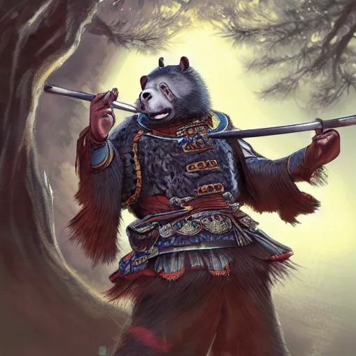 Prompt: Japanese moon bear anthropomorphized as a samurai, fantasy, intricate, highly detailed, digital painting, artstation, concept art, smooth, sharp focus, illustration