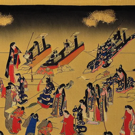 Prompt: a dramatic painting of a medieval Japanese funeral, by Santoshi Kon, detailed, golden hour