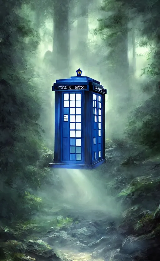 Image similar to a portrait of a tardis, in the woods, dynamic lighting, photorealistic fantasy concept art, trending on art station, stunning visuals, creative, cinematic, ultra detailed