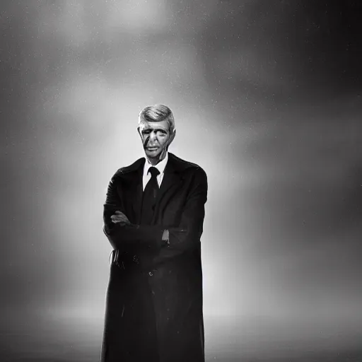 Image similar to ! dream arsene wenger as a 1 9 4 0 s gangster, noir, fog, serious, extreme detail, realistic, rain, atmospheric, long coat, movie still, studio light, dramatic 4 k