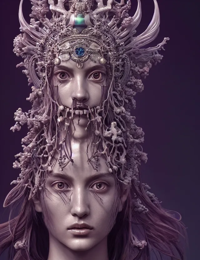 Prompt: symmetrical, centered, zbrush sculpt of goddess close-up portrait wigh crown made of skulls. phoenix betta fish, phoenix, bioluminiscent creature, super intricate ornaments artwork by Tooth Wu and wlop and alena aenami and greg rutkowski