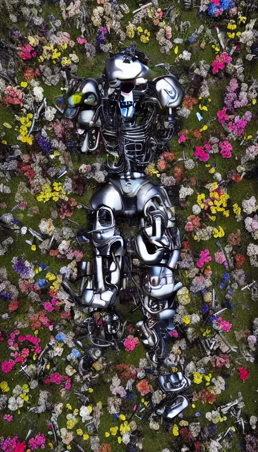 Image similar to destroyed terminator lying in a field of flowers, twisted metal, chrome, reflections, anthropomorphic, photorealism, smoke, metal, 8 k, surreal, wires, smooth, sharp focus, top view, extremely detailed, hyperrealism, elegant, establishing shot, by jeff koons, artgerm and greg rutkowski