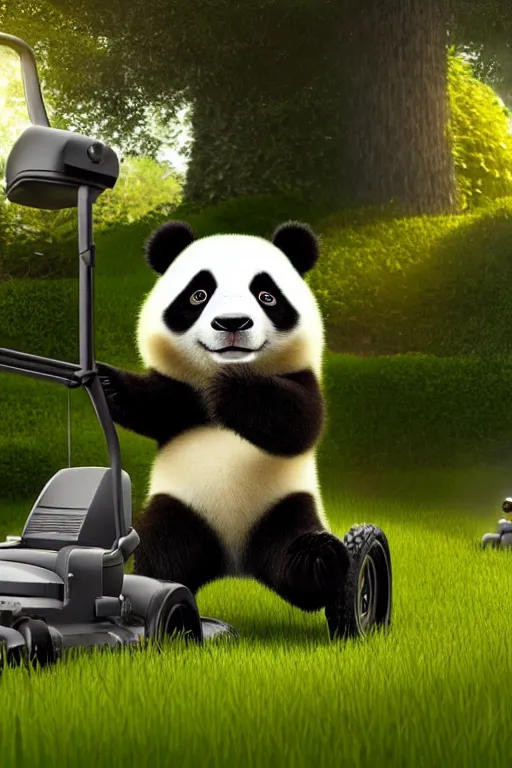 Image similar to a panda is pushing an oldshool lawn mower mowing his lawn, suburban garden, golden hour, cgsociety and beeple highly detailed, cinematic lighting, illustration, art, octane render, unreal engine lumen, very coherent. cinematic, hyper realism, high detail, octane render, 8 k