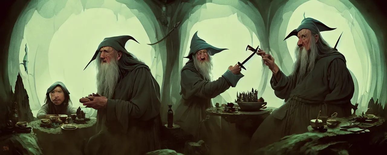 Image similar to duotone illustration 3 / 4 of 2 people : jrr tolkien and wizard gandalf in hobbit house smoking pipe rustical style. cinematic volumentric lighting. accidental renaissance. by sachin teng and sergey kolesov and ruan jia and heng z. graffiti art, scifi, fantasy, hyper detailed. octane render. concept art. trending on artstation