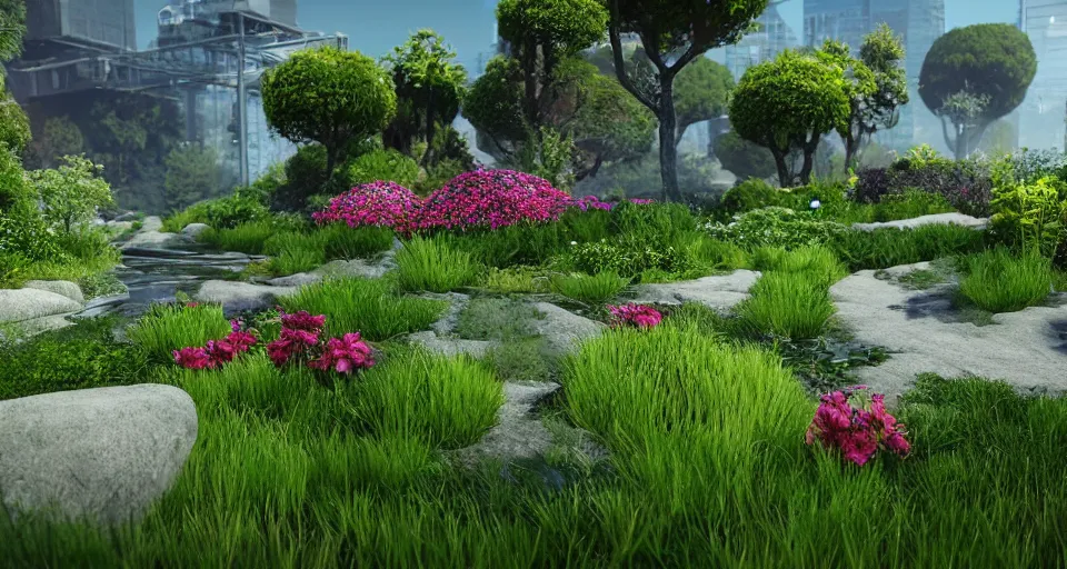 Prompt: gardens of the future, hyper realistic render, 8 k render, unreal engine 5 render