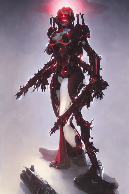 Image similar to Portrait of beautiful pale smiling cyborg maiden in bikini armor with crown of thorns and glowing red eyes, cyberpunc, Warhammer 40000, digital art from artstation by Ruan Jia and Mandy Jurgens and Artgerm and william-adolphe bouguereau