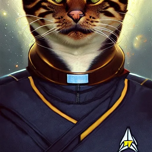 Image similar to UHD Photorealistic Feline-human hybrid Starfleet Officer wearing a spacesuit with hyperrealistic, correct details, cosmic dynamic lighting, symmetrical face, accurate face, by Greg Rutkowski