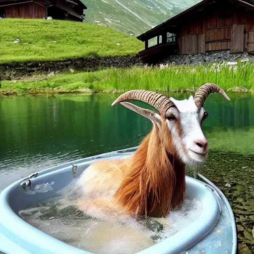 Prompt: dragonfly in a bathtub in the alps, big goat!!!!!!! goats!!!! in the background