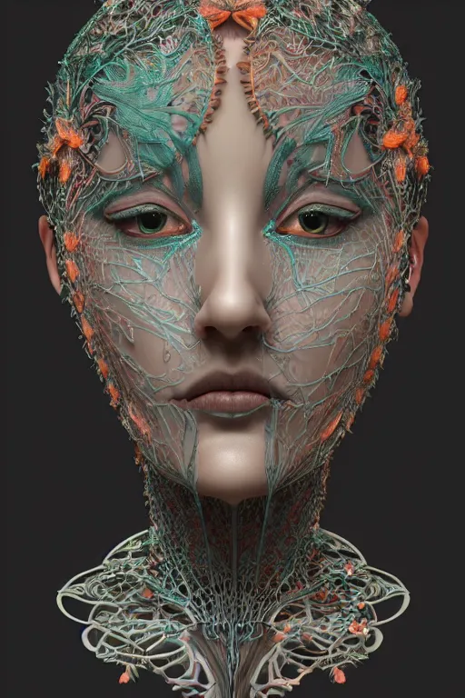 Prompt: cinema 4d colorful render, organic, dark scene, ultra detailed, of a porcelain beautiful Johanna Jaskowska face. biomechanical, analog, macro lens, hard light, big leaves and large orange Dragonflies, stems, roots, fine foliage lace, black details, high fashion haute couture, art nouveau fashion embroidered, intricate details, mesh wire, mandelbrot fractal, anatomical, facial muscles, cable wires, elegant, hyper realistic, in front of dark flower pattern wallpaper, ultra detailed ,HR giger, prometheus Engineering