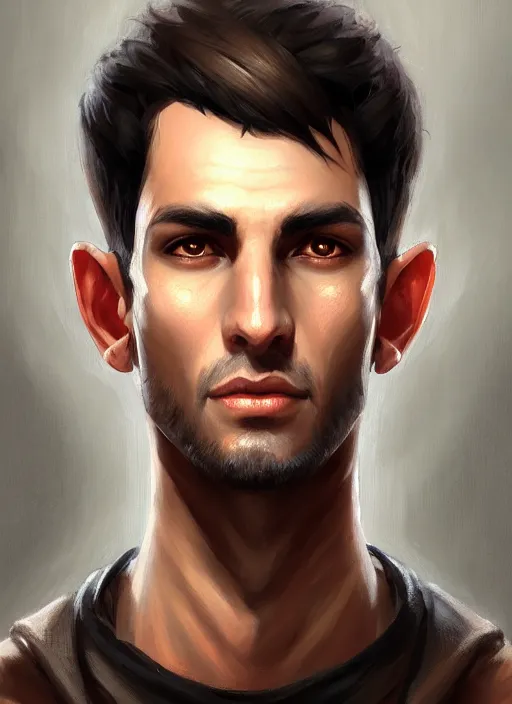 Prompt: a _ fantasy _ style _ portrait _ painting _ of light brown argentinian male short black hair defined very chiseled facial features long face big ears, rpg dnd oil _ painting _ unreal _ 5 _ daz. _ rpg _ portrait _ extremely _ detailed _ artgerm _ greg _ rutkowski _ greg