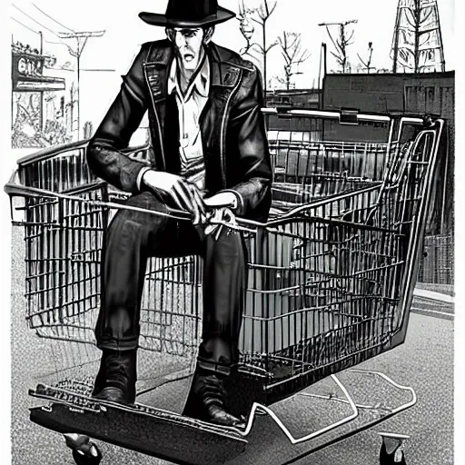 Image similar to nick valentine is sitting in a shopping cart, realism, proportions, 1 6 f, stylization for fallout 4